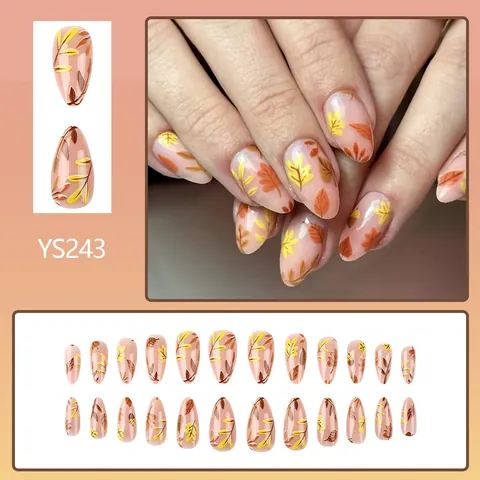 Glossy Autumn Maple Leaf Press-on Nails Almond Shape Vintage Fallen Leaves Design False Nails For Thanksgiving Women Beauty