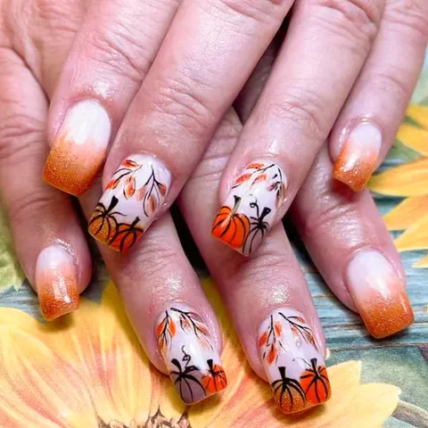 Halloween Künstliche Fingernägel Kurz Eckig Kürbis Ahornblatt Herbst Orange Weiß Glänzend Full Cover Falsche Nägel Für Damen