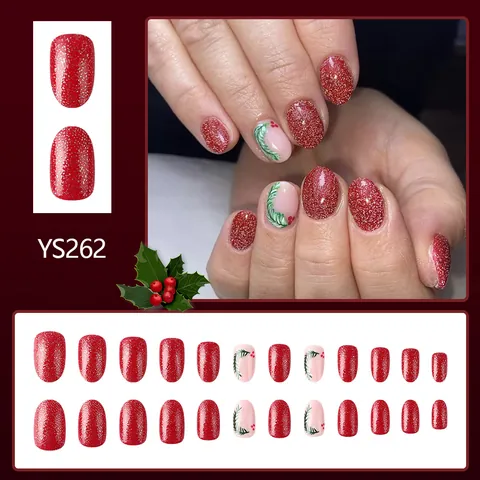 Uñas Postizas Cortas Y Brillantes De Navidad Con Purpurina Roja Hojas Verdes Y Bayas Rojas Decoración De Uñas Festiva Mujer