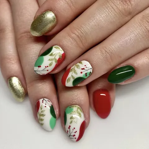 Uñas Postizas De Navidad Cortas Brillantes Rojo Verde Francés Purpurina Diseño Hoja Flor Para Mujer Manicura Festiva DIY