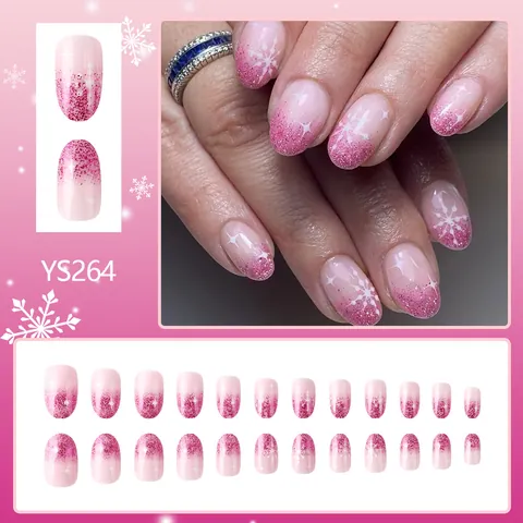 Natale Unghie a Pressione Sfumatura Rosa Corto Ovale Unghie Finte Con Bianco Fiocco di Neve Glitter Design Per Donna Manicure