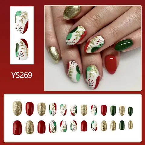 Uñas Postizas De Navidad Cortas Brillantes Rojo Verde Francés Purpurina Diseño Hoja Flor Para Mujer Manicura Festiva DIY