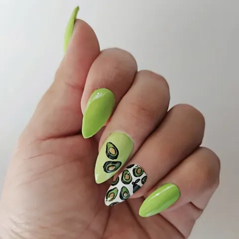 Avocadogrün Press On Nails Mandelform Avocado Druck Glänzend Künstliche Falsche Nägel Für Damen Süßer Cooler Fruchtstil Maniküre