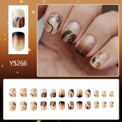 Unghie Finte Corte Foglie Autunnali Sfumate Caffè Foglia Oro Glitter Stile Ins Quadrato Unghie per Donna Gioielli Quotidiani
