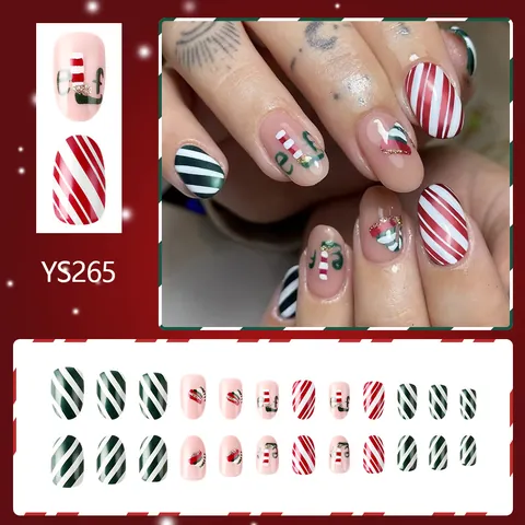 Faux Ongles à Presser Ovales Brillants en Plastique ABS Thème de Noël Rayures Rouges Vertes Ongles Peints Elfe pour Fête Femme