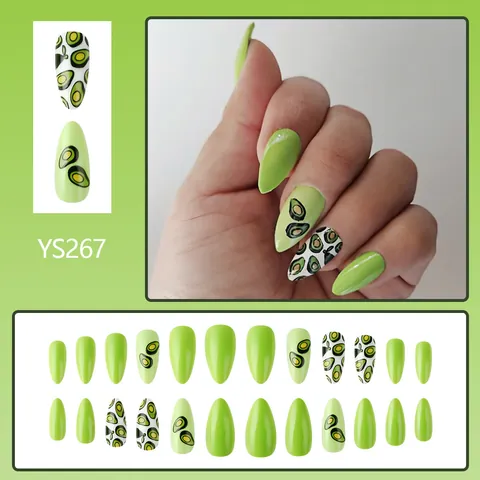Avocadogrün Press On Nails Mandelform Avocado Druck Glänzend Künstliche Falsche Nägel Für Damen Süßer Cooler Fruchtstil Maniküre