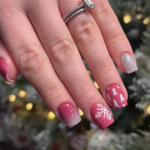 Kurze Eckige Weihnachts-Kunstnägel Schneeflocken-Baum-Muster Glitzer Rot Silber Künstliche Fingernägel Für Damen Party