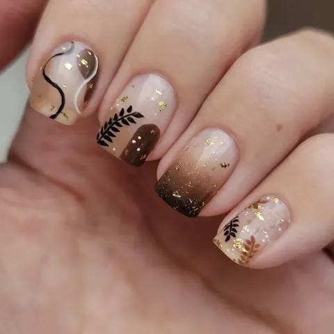 Unghie Finte Corte Foglie Autunnali Sfumate Caffè Foglia Oro Glitter Stile Ins Quadrato Unghie per Donna Gioielli Quotidiani