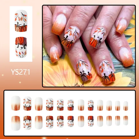 Halloween Künstliche Fingernägel Kurz Eckig Kürbis Ahornblatt Herbst Orange Weiß Glänzend Full Cover Falsche Nägel Für Damen