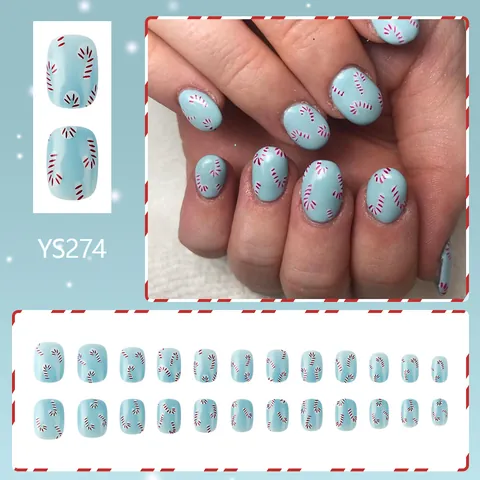 Unghie Finte Natalizie Blu Corte Quadrate Con Motivi a Bastoncino di Zucchero Manicure Festiva Carina per Donna