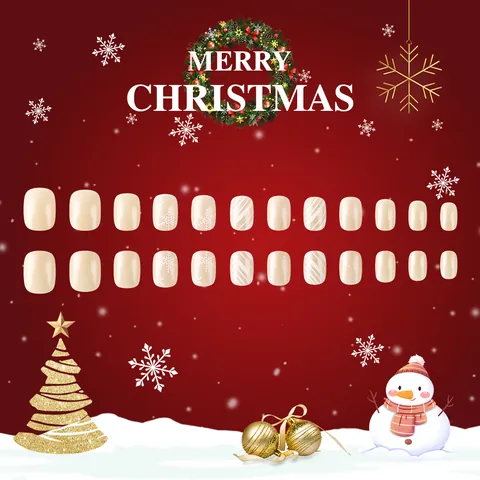 Festive Christmas Snowflake Striped Press On Nails Short Glossy Nude White Artificial False Nails For Women Winter Nail Art Decor