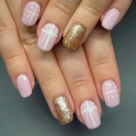 Unghie Finte Natalizie Corte Lucide Fiocco Rosso Glitter Fiocco di Neve Unghie Artificiali per Vacanze Donna Fai da Te Nail Art