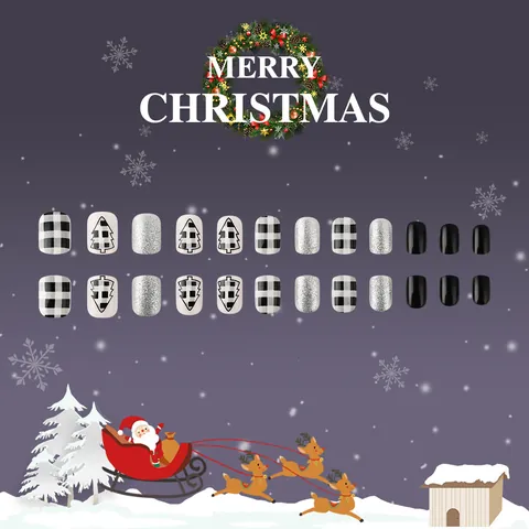 Unghie Finte a Pressione Corte Lucide Natalizie Design Albero di Natale a Quadri Nero Bianco Glitter Argento per Donna