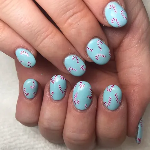 Unghie Finte Natalizie Blu Corte Quadrate Con Motivi a Bastoncino di Zucchero Manicure Festiva Carina per Donna