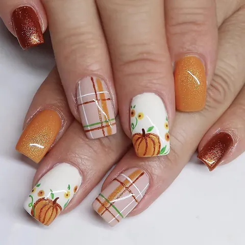 Autumn Pumpkin Plaid Press On Nails Short Square Glitter False Nails Glossy Fall Theme Manicure For Women Decoration