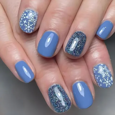 Blue Christmas Snowflake Press On Nails Short Square Fake Nails With Glitter Glossy Winter Artificial Fingernails
