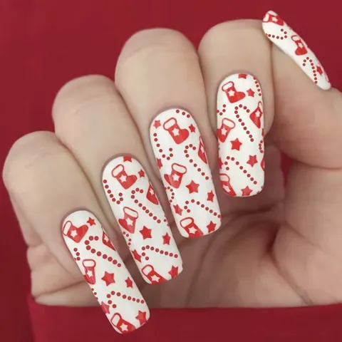 Glänzende Lange Sargform Weihnachten Künstliche Fingernägel Rot Weiß Strumpf Zuckerstange Muster Acryl Nägel Für Damen Party