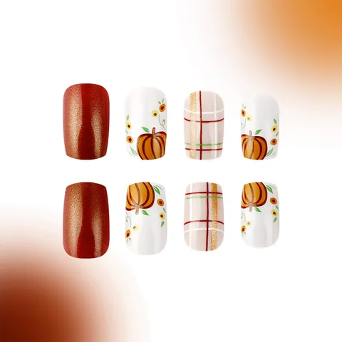 Autumn Pumpkin Plaid Press On Nails Short Square Glitter False Nails Glossy Fall Theme Manicure For Women Decoration