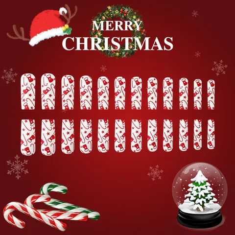 Glänzende Lange Sargform Weihnachten Künstliche Fingernägel Rot Weiß Strumpf Zuckerstange Muster Acryl Nägel Für Damen Party