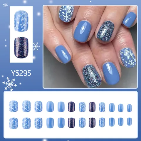 Blue Christmas Snowflake Press On Nails Short Square Fake Nails With Glitter Glossy Winter Artificial Fingernails