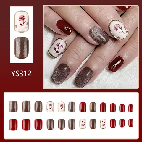 Lot de 24 Faux Ongles Courts Carrés Avec Motifs de Rose Rouge Vintage Paillettes Oeil de Chat Bordeaux pour Femmes