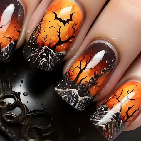 Halloween Press On Nails Kurz Quadratisch Glänzend Falsche Nägel Mit Fledermaus Toter Baum Sonnenuntergang Design Für Damen Party Maniküre