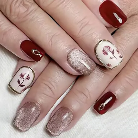 Lot de 24 Faux Ongles Courts Carrés Avec Motifs de Rose Rouge Vintage Paillettes Oeil de Chat Bordeaux pour Femmes