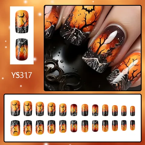 Halloween Press On Nails Kurz Quadratisch Glänzend Falsche Nägel Mit Fledermaus Toter Baum Sonnenuntergang Design Für Damen Party Maniküre