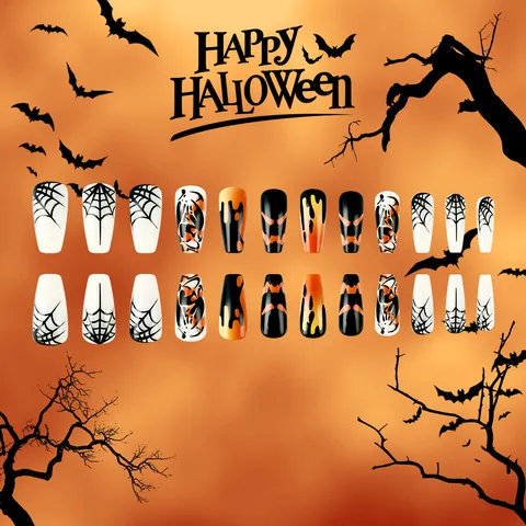 Unghie a Pressione per Halloween Lunghe a Forma di Bara Unghie Finte con Ragnatela Zucca Pipistrello Lucide Arancione Nero Bianco per Donna