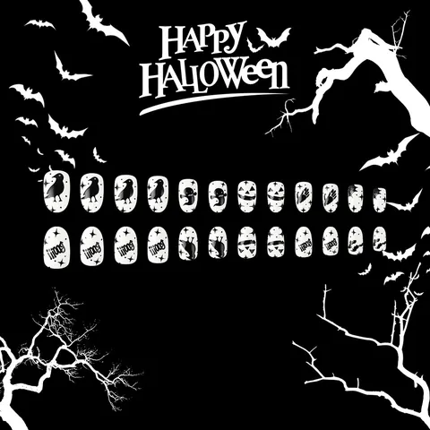 Halloween Ghost Pumpkin Press On Nails Black White Short Round Fake Nails With Spider Web Bat Pattern For Women Holiday Party Decor