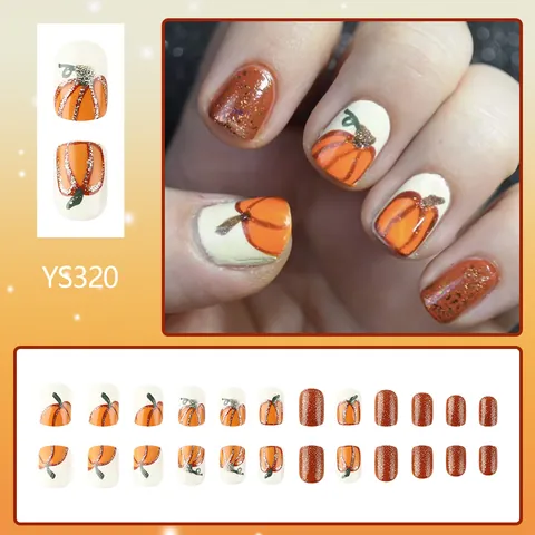 Unghie a Pressione con Zucca di Halloween Arancione Bianco Glitter Unghie Artificiali Unghie Finte Lucide Riutilizzabili Donna