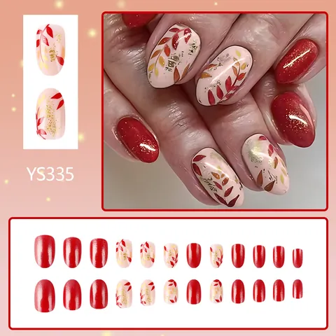 Unghie Finte a Mandorla Corte Lucide Autunno Foglia d'Acero Rosso Nude Rosa Foglia d'Oro Effetto Occhio di Gatto Manicure Set Donna