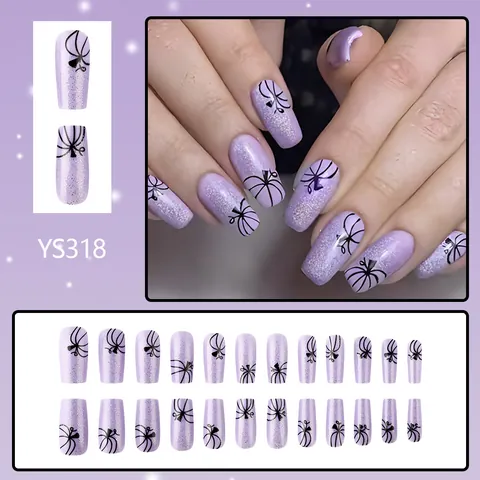 Unghie Finte Viola Glitter Corte Quadrate Halloween Zucca Ragnatela Unghie Finte Con Colla a Gelatina Per Donna Festa