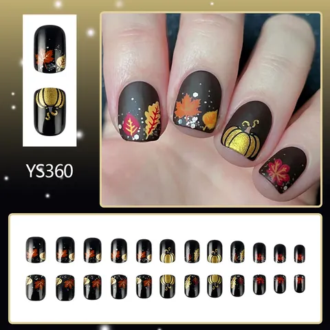 Unghie Finte a Pressione Corte Quadrate Tonde Lucide Foglia d'Acero Zucca Dorata Glitter Unghie per Donna Decorazione