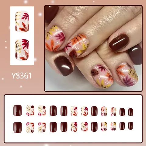 Autumn Maple Leaf Press On Nails Short Square Glossy Fake Nails Wine Red Brown Fall Artificial Nails Women Manicure Decoration
