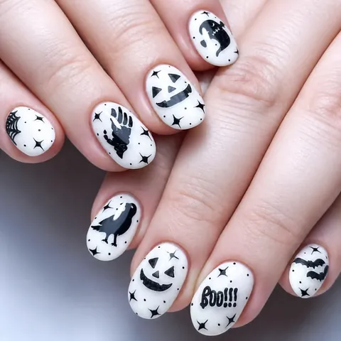 Halloween Ghost Pumpkin Press On Nails Black White Short Round Fake Nails With Spider Web Bat Pattern For Women Holiday Party Decor