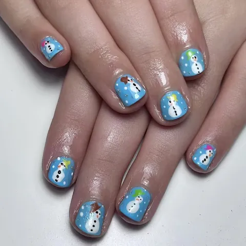 Blau Weihnachten Schneemann Kurz Kunstnägel Glänzend Glitzer Schneeflocke Künstliche Nägel Für Damen Feiertag Party Dekoration