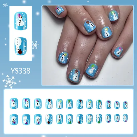 Blau Weihnachten Schneemann Kurz Kunstnägel Glänzend Glitzer Schneeflocke Künstliche Nägel Für Damen Feiertag Party Dekoration