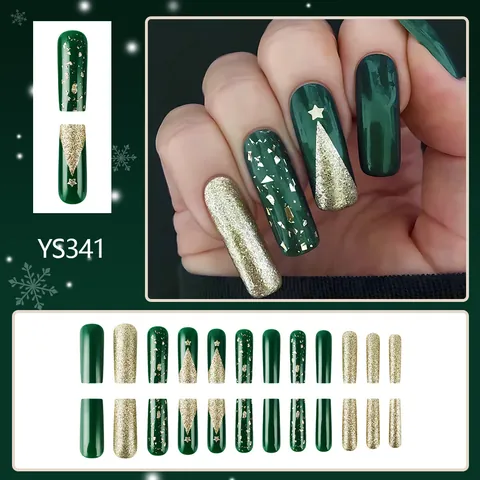 Unghie Finte da Incollare Verde Smeraldo Oro Brillantini Natale Forma a Bara Albero di Natale Stella Lucide per Donna