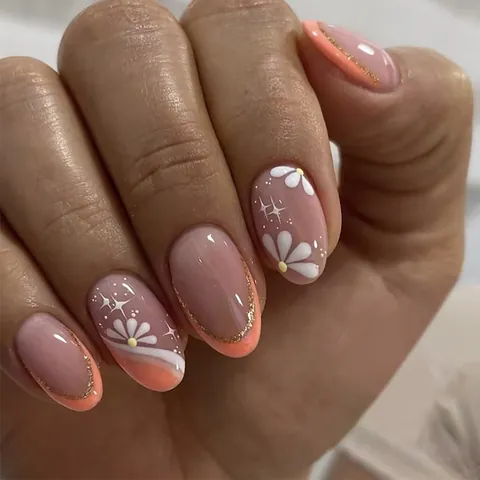 Unghie Finte a Pressione Francesi Corte Lucide Con Motivi a Margherita Bianca e Stella Bordo Glitter Oro Rosa Nudo Arancione Set Donna