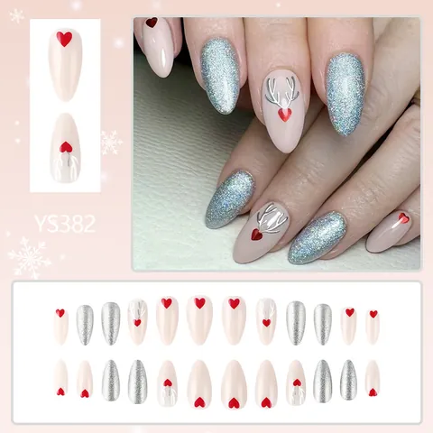 Unghie Finte Corte Natalizie Glitter Argento Renna Cuore Lucide Per Donna Decorazione Manicure Per Le Vacanze Invernali