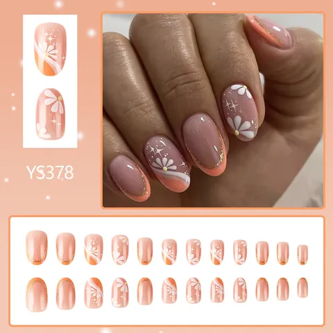Unghie Finte a Pressione Francesi Corte Lucide Con Motivi a Margherita Bianca e Stella Bordo Glitter Oro Rosa Nudo Arancione Set Donna