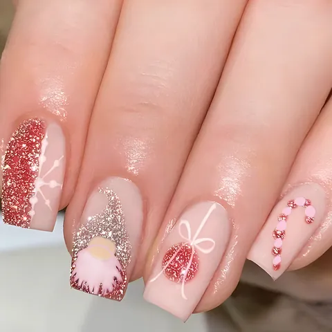 Pink Christmas Gnome Press On Nails Short Square Glossy Glitter Snowflake Sugar Cane Festive Manicure Decor For Women
