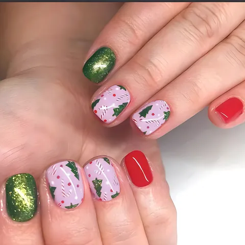 Weihnachten Aufklebbare Nägel Kurz Quadratisch Rund Rot Grün Glitzer Weihnachtsbaum Zuckerstange Muster Kunstnägel Für Damen
