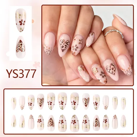 Uñas Postizas Francesas de Corazón de Leopardo Forma de Almendra Diseño Floral Brillo Dorado Rosa Nude Brillante para Mujer