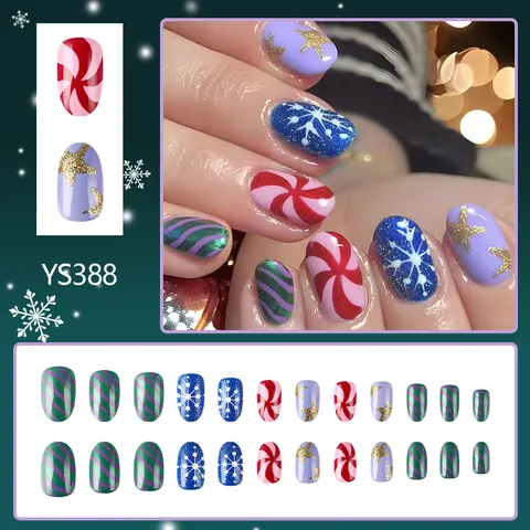 Christmas Press On Nails Set Short Glossy Glitter Snowflakes Star Pattern Festive Party Fake Nails For Women Manicure Decor