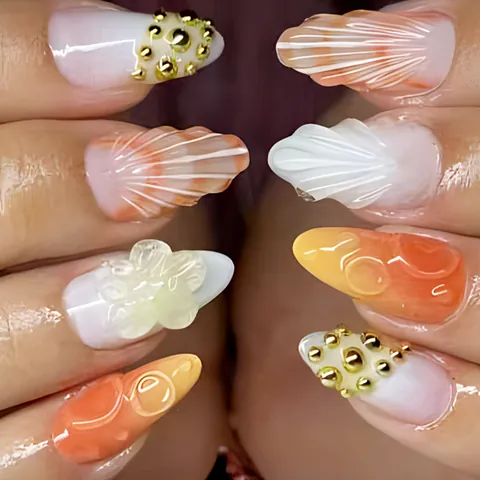 Kurze 3D Relief Press On Nails Mit Muschelblumen Design Orange Rosa Verlauf Mandelform Künstliche Nägel Für Damen