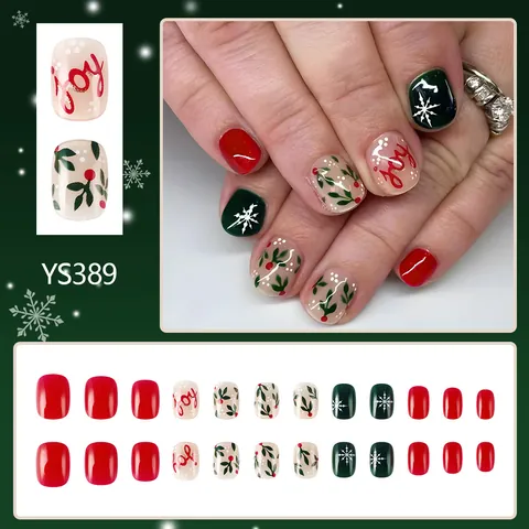 Unghie Finte a Pressione di Natale Lucide Corte Tonde Motivo Fiocchi di Neve Rosso Verde Bianco Unghie Finte Festive