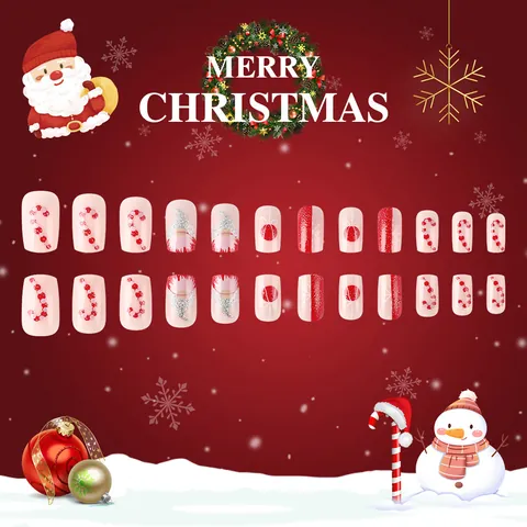Pink Christmas Gnome Press On Nails Short Square Glossy Glitter Snowflake Sugar Cane Festive Manicure Decor For Women