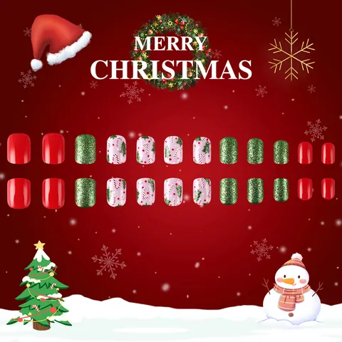Weihnachten Aufklebbare Nägel Kurz Quadratisch Rund Rot Grün Glitzer Weihnachtsbaum Zuckerstange Muster Kunstnägel Für Damen